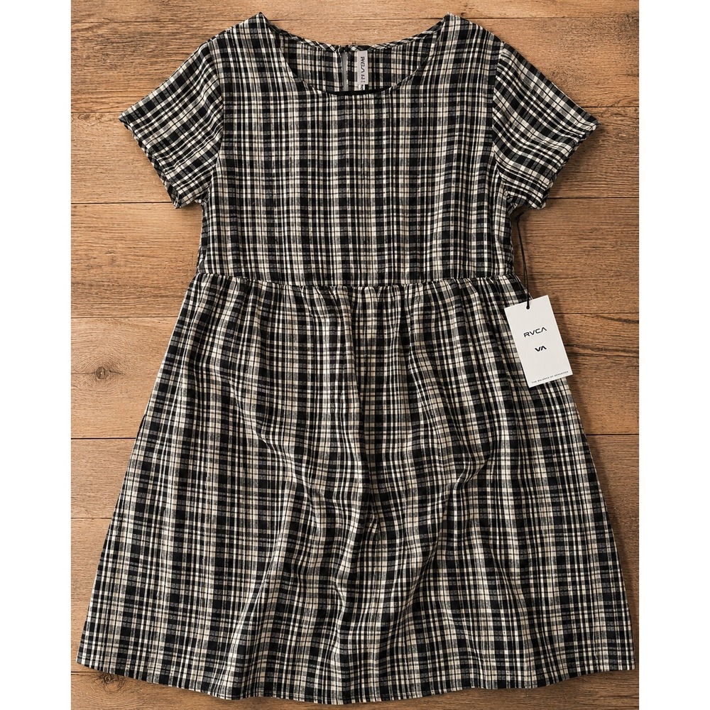 RVCA Womens Black White Plaid Tie Back Babydoll Mini Dress NWT Size M